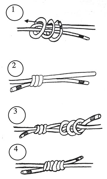 Das Bild zeigt in vier schwarz-weiss Grafiken wie ein dreifacher Spierenstich mit der Beal 5,5mm Dyneema Reepschnur gefädelt wird.