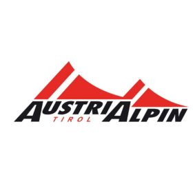 Das Bild zeigt das Logo der Firma Austrialpin. Oberhalb zwei rote Bergpyramiden. Darunter in schwarzer Farbe der Schriftzug Austri und Alpin. Klein in der roten Farbe das Wort Tirol.