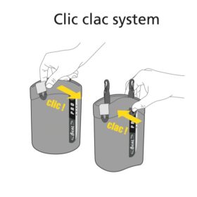 Die Grafik zeigt das Clic Clac Verschluss System von Beal anhand eines Materialbeutels. Links die Grafik wie man mit einem Click die Öffnung schließen kann. Rechts wie es wieder zu öffnen geht.