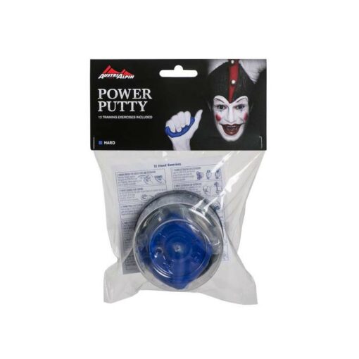 Das Bild zeigt einen blauen Power Putty Austrialpin. Die Knetmasse ist in einer Plastikdose in seiner durchsichtigen Verpackungshülle, oberhalb ist ein Label mit Produktaufschrift und Clown Logo befestigt.