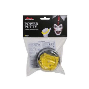 Das Bild zeigt einen gelben Power Putty Austrialpin. Die Knetmasse ist in einer Plastikdose in seiner durchsichtigen Verpackungshülle, oberhalb ist ein Label mit Produktaufschrift und Clown Logo befestigt.