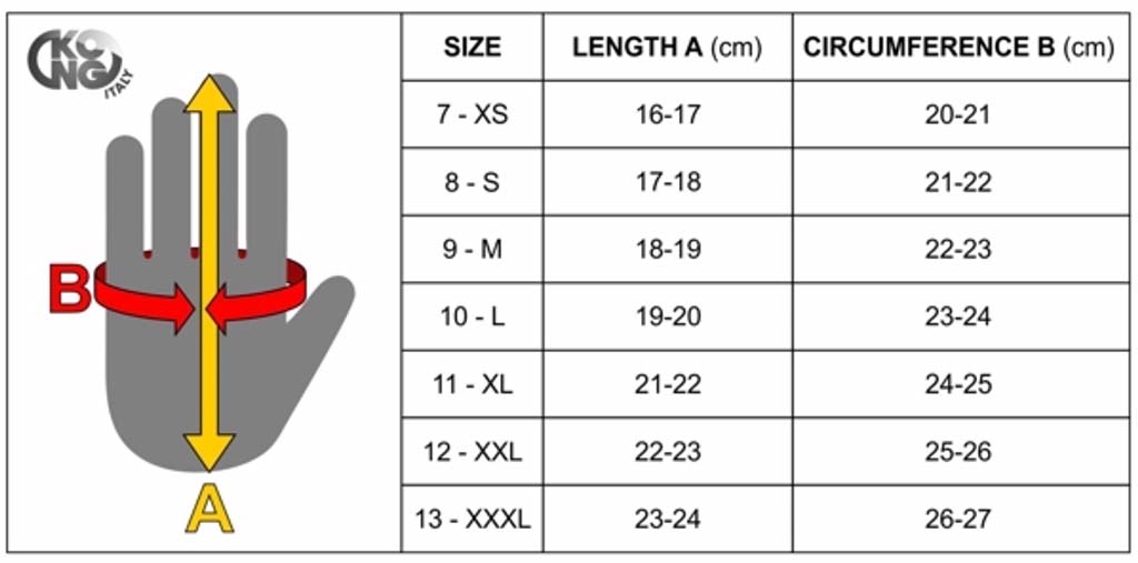 Das Bild zeigt eine Größentabelle der Handschuhe von Kong. Die Übersicht zeigt Länge und Handumfang für die Größen XS bis XXXL.