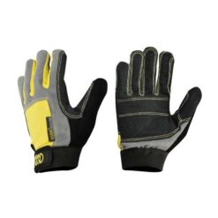 Das Bild zeigt den Klettersteig Handschuh Kong Full Glove, die gelbe Außenseite und die schwarze Innenseite auf weißem Hintergrund.