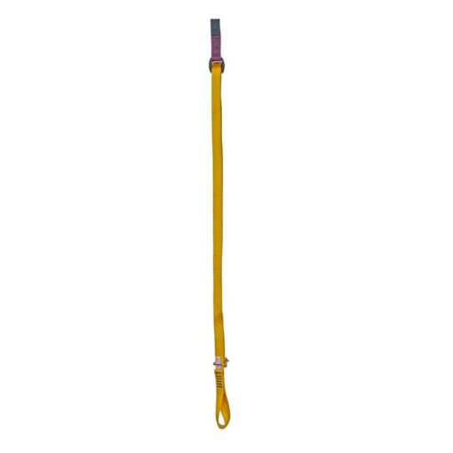 Das Bild zeigt eine Bauart der "Daisy Chain Klettern", eine verstellbare Metolius Easy Daisy. Die gelbe Bandschlinge ist senkrecht in Bildmitte zu sehen. Man erkennt ihre Funktion und Bauweise.