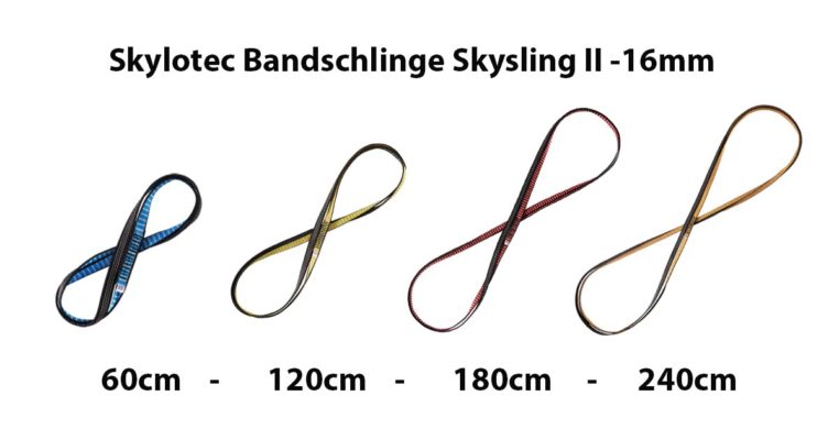 Das Bild zeigt vier Varianten des produktes Bandschlinge Skylotec. Die vier Varianten sind in einem weißem Balken nebeneinander schräg abgelictet und entsprechend mit Text beschrieben.