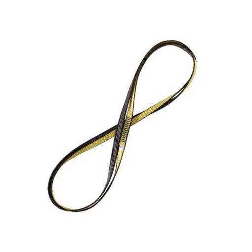 das Bild zeigt die Bandschlinge Skylotec Skyling 120cm. Die gelb-schwarze Bandschlinge ist als Achter gelegt schräg in Bildmitte zu sehen.