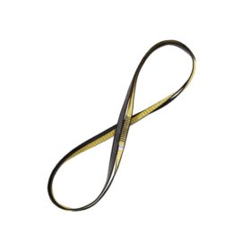 Das Bild zeigt eine schwarz-gelbe Bandschlinge Skylotec. Sie ist schräg in einem weißem Quadrat in einer gedrehten Achter-Schlinge zu sehen.