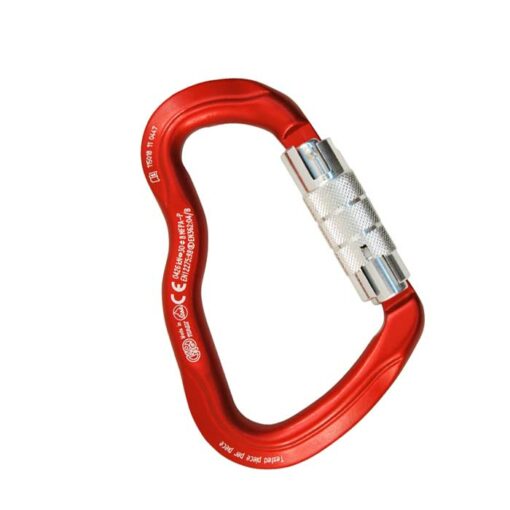 Das Bild zeigt den Kong Ferrata Twist Lock Sleeve. Der rote Klettersteigkarabiner ist von vorne zu sehen mit dem silbernen Drehverschluss nach rechts.