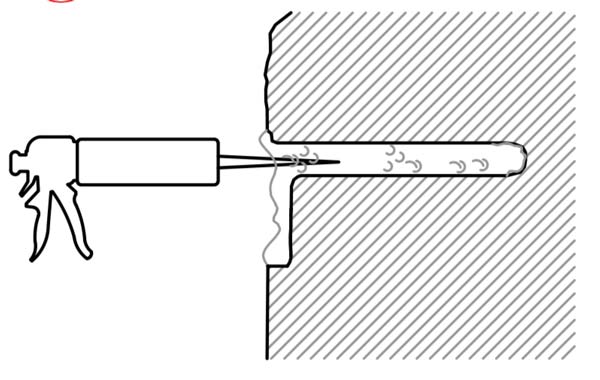 Das Bild zeigt eine Grafik, bei der Injektionsmörtel in ein Bohrloch zum Klebehaken setzen gefüllt wird.
