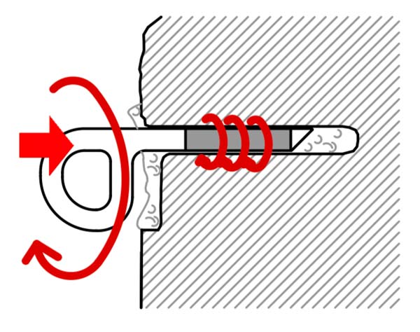 Das Bild zeigt eine Grafik zum Thema Klebehaken setzen. Ein Haken wird in ein mit Kleber gefülltes Bohrloch gedreht.