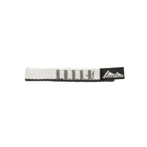 Das Bild zeigt die 11cm Expresschlinge für Rockit Karabiner. Die grau-schwarze Schlinge liegt waagrecht in Bildmitte. MAn erkennt ihre Bauweise und das Marken Label.