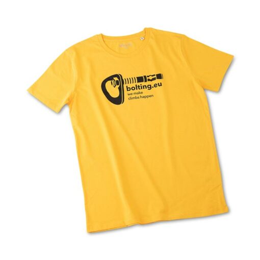 Das Bild zeigt ein T-Shir der bolting.eu Collection. Das gelbe Shirt steht leicht schräg in Bildmitte und hat ein schwarzes Bohrhaken Logo auf der Brust.