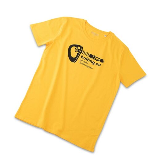 Das Bild zeigt ein T-Shir der bolting.eu Collection. Das gelbe Shirt steht leicht schräg in Bildmitte und hat ein schwarzes Bohrhaken Logo auf der Brust.