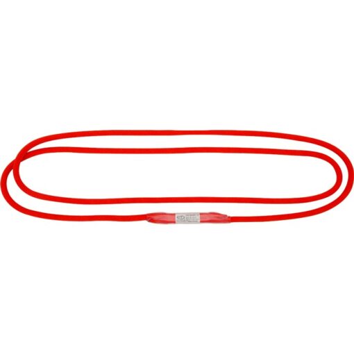 Das Bild zeigt die Climbing Technology Alp Loop Schlinge. Die rote Seilschlinge ist in zwei Kreisen auf einem weißem Quadrat ausgelegt.