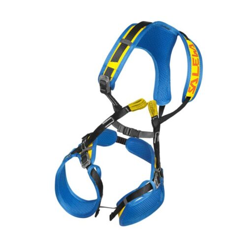 Das Bild zeigt das Kinder Klettergeschirr Salewa Rookie FB Complete Harness. Der blau gelbe Kinderklettergurt ist aufrecht und ausgebreitet in Bildmitte auf einem weißem Quadrat zu sehen. MAn erkennt alle Produktdetails wie die Bänder, Schnallen und Anseilschlaufen.