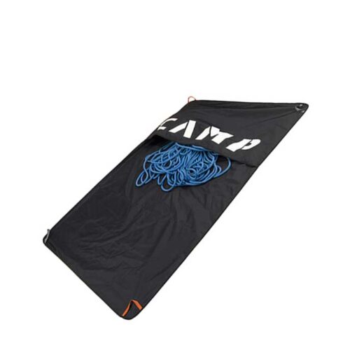 Das Bild zeigt eine schwarze Camp Rocky Carpet Seilplane mit einem blauen Seil auf einem weißem Quadrat.
