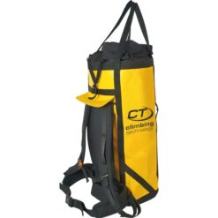 Das Bild zeigt den gelben Zenith Haul Bag Climbing Technology mit ausgefahrener Hauling Schlaufe und Rücken Polsertung sowie Hüftgurt.