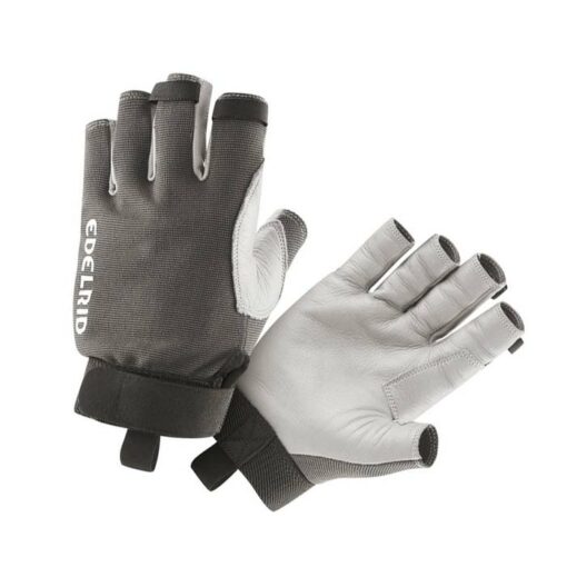 Das Bild zeigt ein Paar Edelrid Work Glove Open Kletterhandschuhe. Man sieht einen Handschuh von der Innenseite und einen von der Außenseite und erkennt somit alle Eigenschaften sehr gut.
