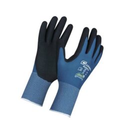 Das Bild zeigt ein paar Einbohr Schutzhandschuhe in blau-schwarzer Farbe.