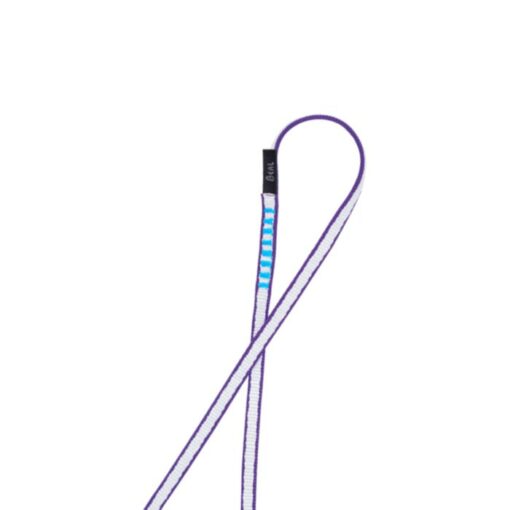 Das Bild zeigt eine Schlinge der violetten Bandschlinge 120cm von Beal in einem weißem Quadrat.