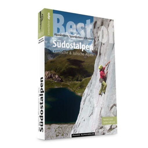 Das Bild zeigt das Cover des Kletterführer Karnische Alpen - Julische Alpen. Ein Kletterer ist in einer grauen Felswand über einem See und einer Hütte zu sehen.