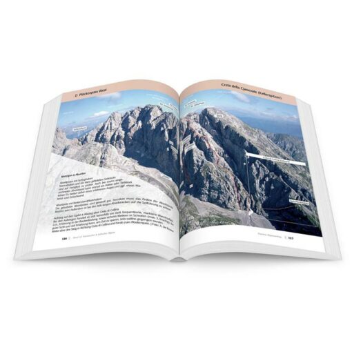 Das Bild zeigt eine Doppelseite eines Kletterführers Klettern Julische Alpen.