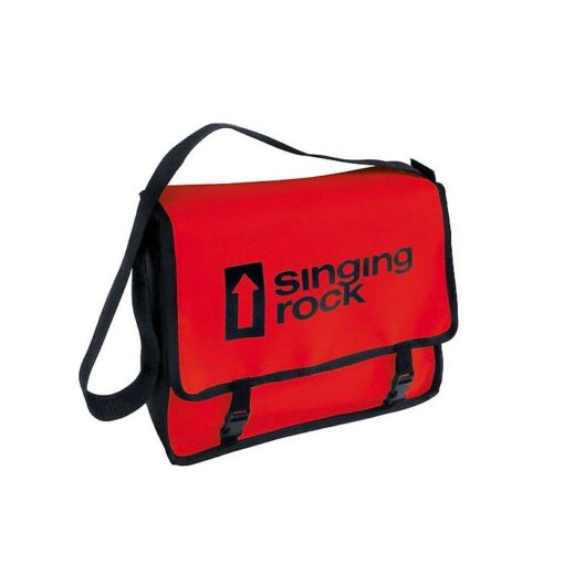 Das Bild zeigt die Singing Rock Monty Bag Bouldertasche in rot mit schwarzem Logo Schriftzug.