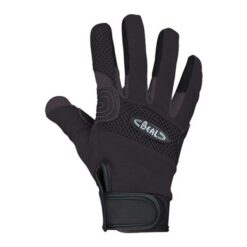 Das Bild zeigt die Innenseite des schwarzen Kletterhandschuhs Beal Rope Tech Glove. Ein Handschuh liegt ausgespreizt in Bildmitte, der Daumen ist links.