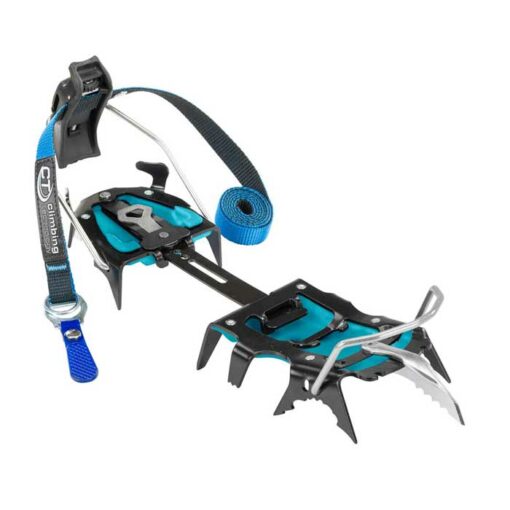 Das Bild zeigt das Climbing Technology Hyper Spike Steigeisen, den schwarzen Rahmen mit blauen Anti-Stollen Platten und silbernen Front Zacken.