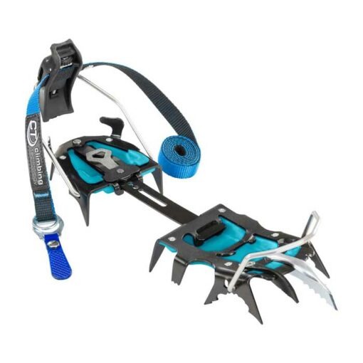 Das Bild zeigt das Climbing Technology Hyper Spike Steigeisen, den schwarzen Rahmen mit blauen Anti-Stollen Platten und silbernen Front Zacken und schwarzen Seitzacken.