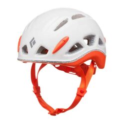 Das Bild zeigt den weiß orangen Black Diamond Kid´s Tracer Kinderkletterhelm von vorne seitlich. Man sieht den Helm und alle seine Features.