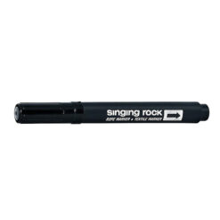 Das Bild zeigt einen schwarzen Ropemarker Stift von Singing Rock mit weißer Beschriftung.
