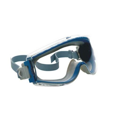 DAs Bild zeigt eine blaue Arbeits Vollsicht Schutzbrille mit Gummiband.