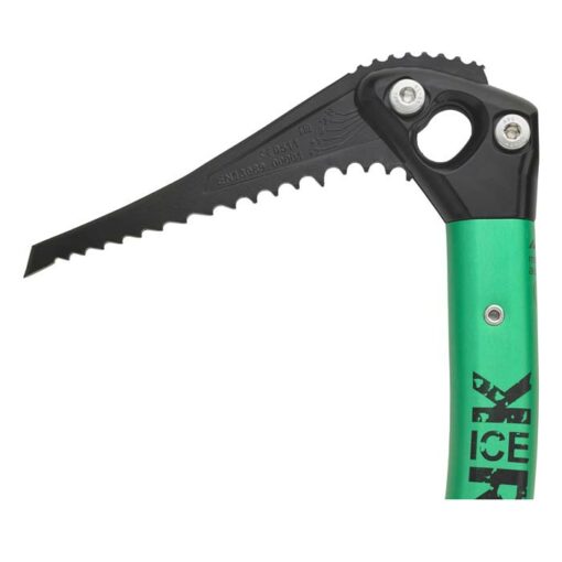 Das Bild zeigt eine Klinge mit oberen, grünen Schaftteil eines Eisgerätes.
