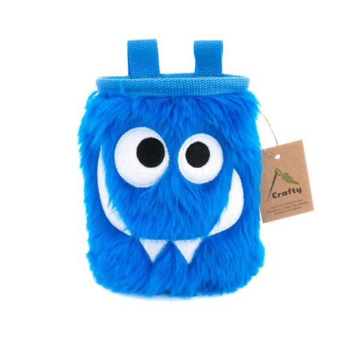 DAs Bild zeigt ein blaues Foodie Chalk Bag Monster mit verdrehten Augen, einem Grinsen und zwei Zähnen.