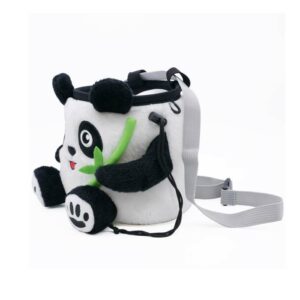 Das Bild zeigt ein YY Vertical Chalkbag Panda von der Seite. MAn sieht das PAnda Design, Kordelzug und Hüftband.