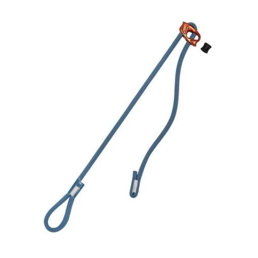 Das Bild zeigt die Petzl Connect Adjust Selbstsicherungsschlinge mit blauem Seil und oranger Adjust Schnalle auf einem weißem Quadrat.