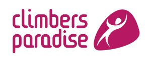 Das Bild zeigt das Logo von Climbers Paradise. Einen violetten Schriftzug mit Logo rechts in Form eines schematischen Kletterers.