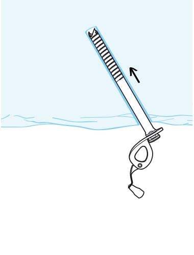 Das Bild zeigt eine Zeichnung für eine Abalakov Eissanduhr. Eine Eisschraube, die sich im 60 Grad Winkel ins Eis bohrt.