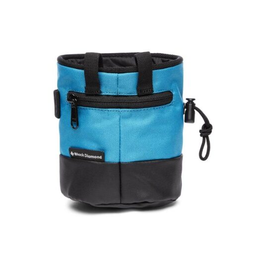 Das Bild zeigt das azul-blaue Black Diamond Mojo Zip Chalkbag mit Tasche von der rückseite mit Reißverschluss und Kordelzug.