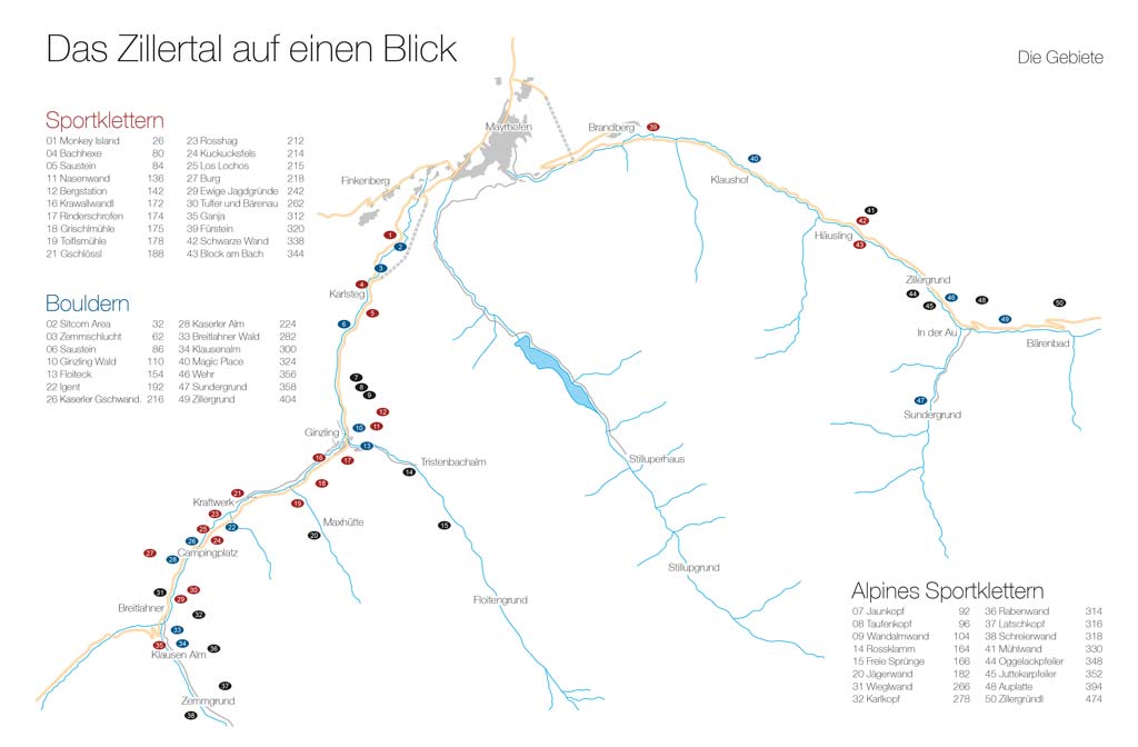 Das Bild zeigt eine Grafik mit einer Übersicht aller Kletter- und Bouldergebiete im Zillertal Kletterführer.