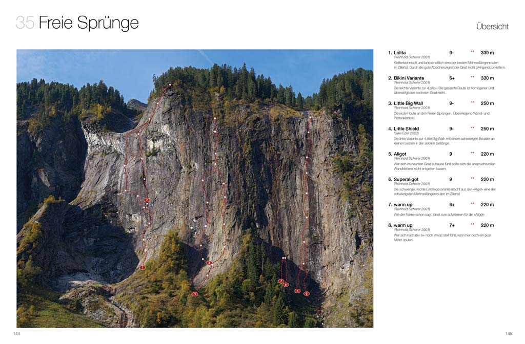 Das Bild zeigt eine Übersicht des Mehrseillängengebiets Freie Sprünge im Kletterführer Zillertal. Eine große dunkle Felswand mit den Kletterlienien.