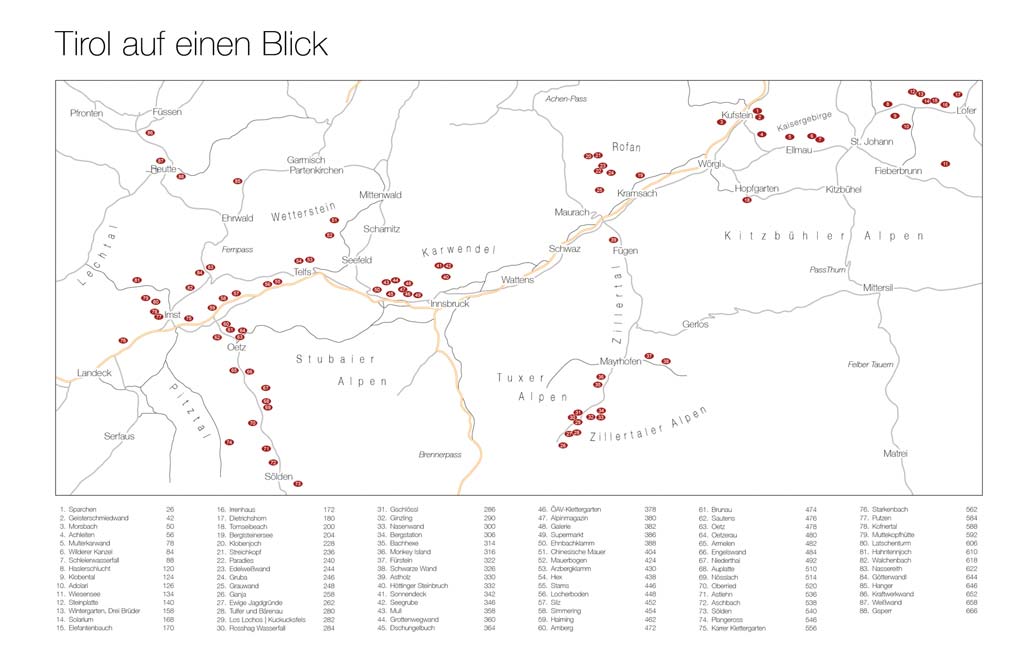 Das Bildzeigt eine Übersicht aller Klettergebiete im Kletterführer Tirol von Michael Meisl. Eine Karte mit vielen roten Punkten und Namenstabelle.