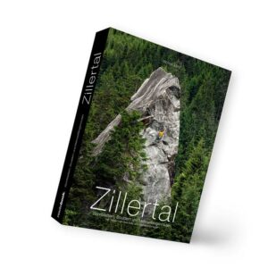 Das Bild zeigt das Cover des Kletterführer Zillertal, einen großen Granitblock der aus dem WAld steht mit Kletterer darauf.