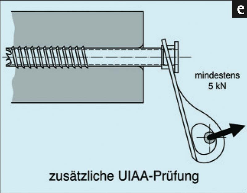 Das Bild zeigt eine Grafik zur Testvorrichtung bei der EN 568 UIAA 151 Prüfung. Eine Eisschraube in einem Eisblock die axial belastet wird.