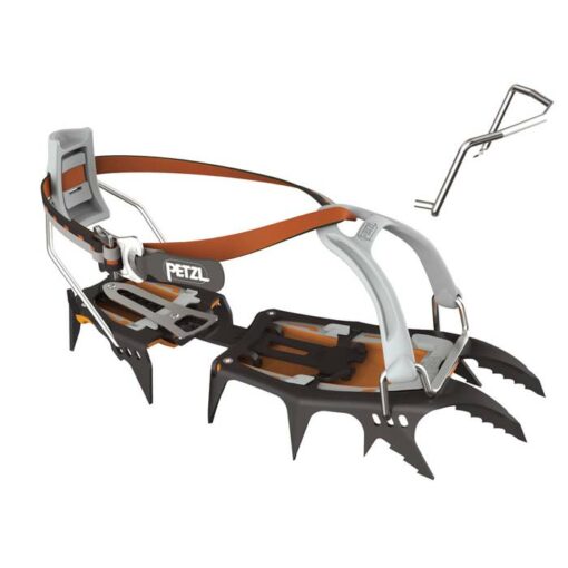 Das Bild zeigt das Petzl Sarken Steigeisen mit schwarzen Stahl, Bindung und orangen Anti-Stollenplatten auf der Unterseite.