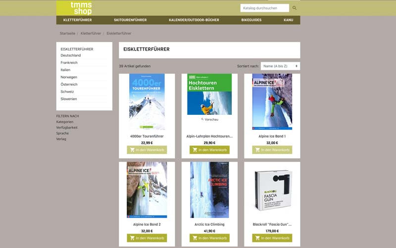 Das Bild zeigt einen Screenshot eines Onlineshops für Kletterführer mit Eiskletterführern.