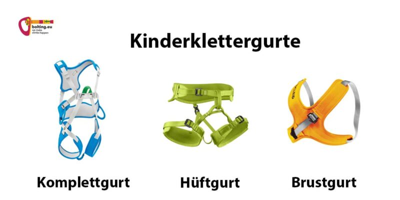 Grafik mit drei Beispielen für Klettergurte für Kinder.