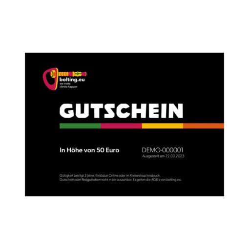 50 Euro Klettershop Gutschein mit schwarzem Design von bolting.eu Klettershop Innsbruck.
