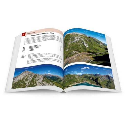Doppelseite aus dem alpinen Kletterführer über Vorarlberg mit Bergbildern und Text.